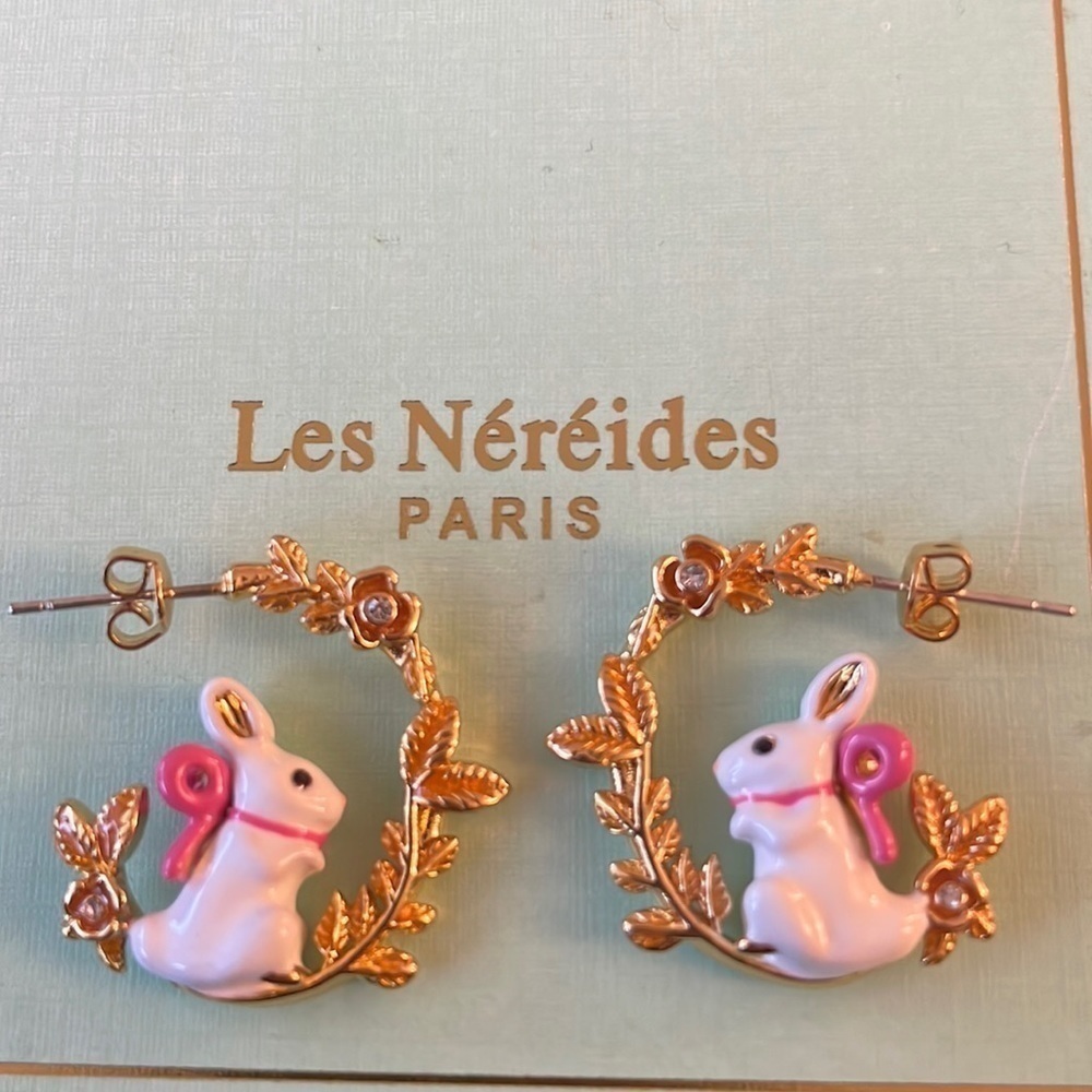 Les Néréides Bunny Rabbit Hoop Earrings Enamel Gold Floral Wreath Cute Paris